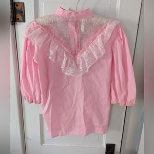 Vintage 80's Lace Button Down Square Dancing Puff Sleeve Barbie Pink Blouse